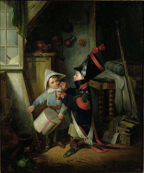 Two Boys Dressing Up as Soldiers (oil on canvas)