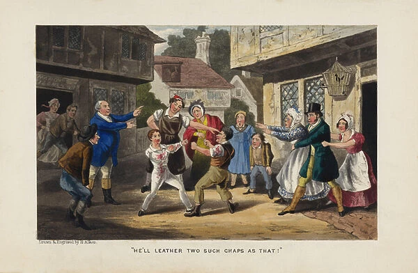 Boys fighting (coloured engraving)