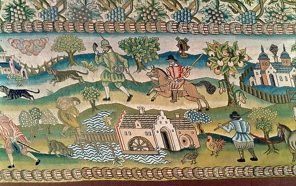 Bradford Table Carpet, detail of scenes of rural life, late 16th century