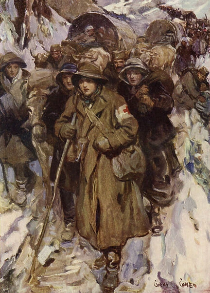 Brave nurses in the retreat of the Serbian army (colour litho)