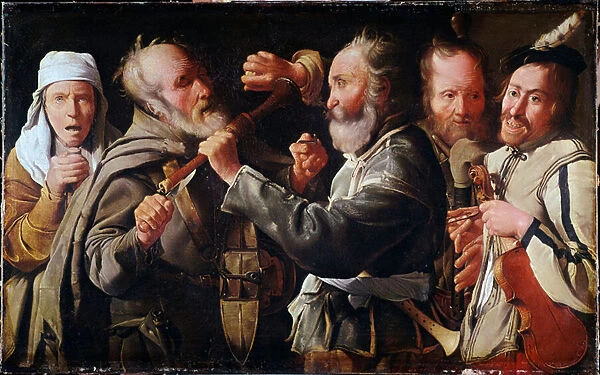 Brawl between musicians (oil on canvas, 17th century)