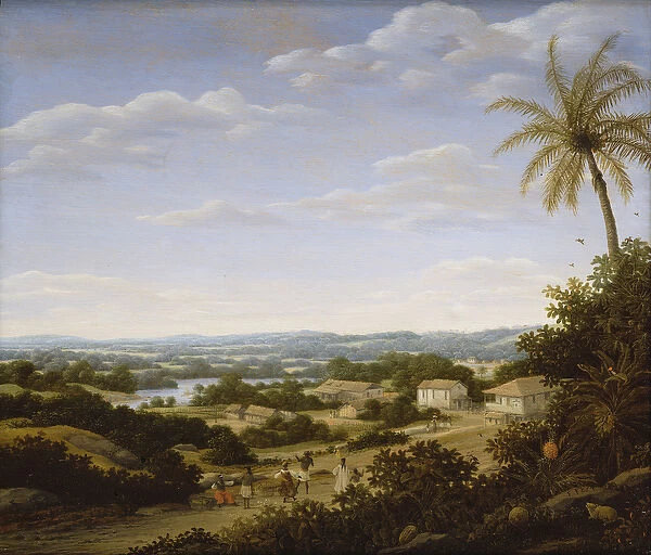 Brazilian landscape with natives on a road approaching a village, 1665 (oil on panel)