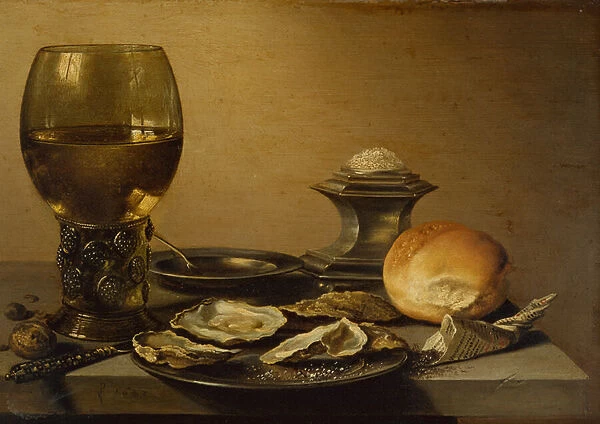 A Breakfast Still Life of Oysters, Salt Bread and Nuts (oil)