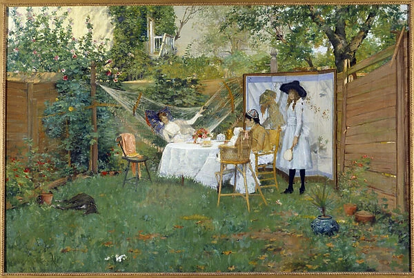 Breakfast outdoors around 1888 Young women in a garden, one of her is in a hammock