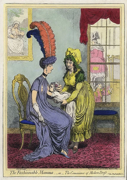 Breast feeding, The Fashional Mamma, or The Convenience of Modern Dress (coloured engraving)