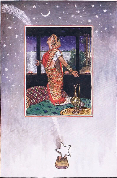 There is no breeze to cool the heat of love, illustration from The Garden of Kama (and other lyrics from India), 1920 (colour litho)
