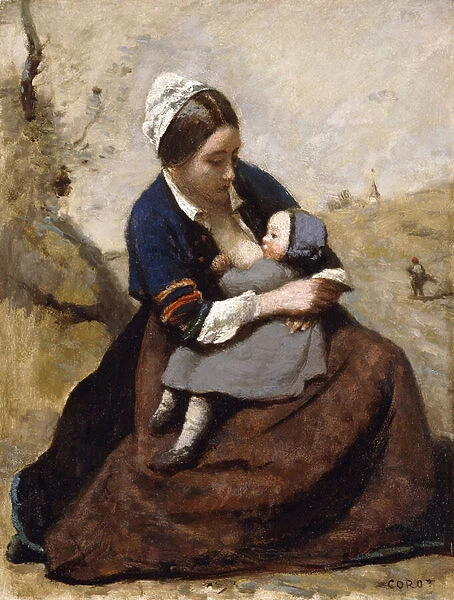 Breton Breastfeeding her Child; Bretonne Allaitant son Enfant, 1855-1860 (oil on zinc)