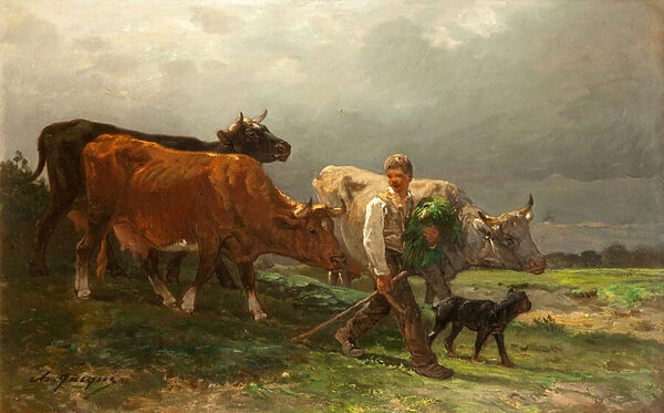 Breton Lad with Cattle (oil on canvas)