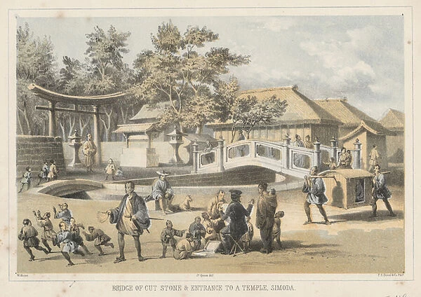 Bridge of Cut Stone & Entrance to a Temple, Simoda, 1855 (colour litho)