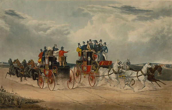 The Brighton Day Mail passing over Hockwood Common (coloured engraving)