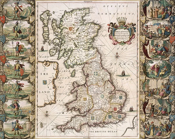 Britain As It Was Devided In The Tyme of the Englishe Saxons, 1616 (colour engraving)