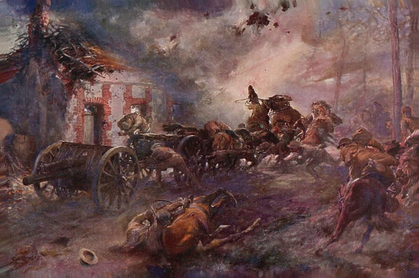 British artillery going into action under fire (colour litho)