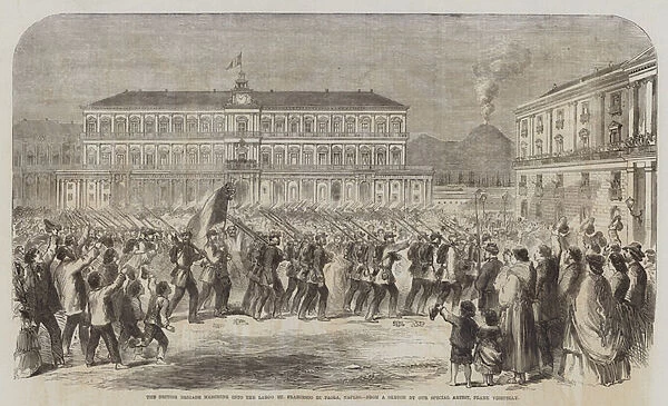 The British Brigade marching into the Largo St Francesco di Paola, Naples (engraving)
