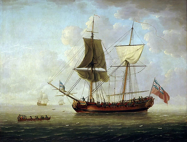 A British brigantine, carrying the red flag and the Union Jack, offshore in a calm sea. Oil on canvas, 1752, by John Cleveley (1712-1777)
