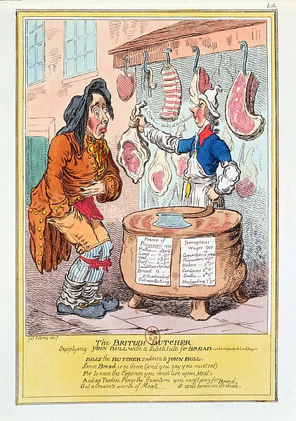 The British Butcher supplying John Bull with a substitute for bread, 1795 (colour litho)