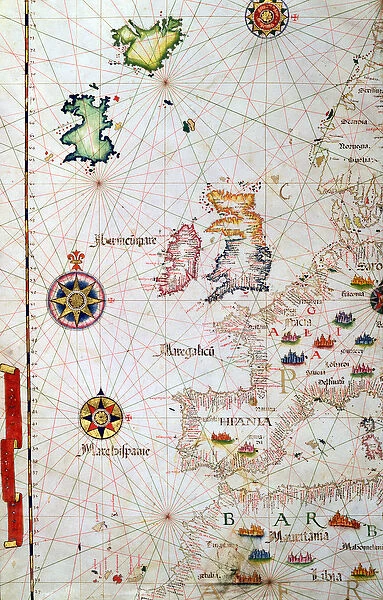 The British Isles, Iberia and Northwest Africa, detail from a world atlas, 1565 (vellum)