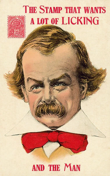 British Liberal politician David Lloyd George and the National Health Insurance stamp introduced by his National Insurance Act of 1911 (colour litho)