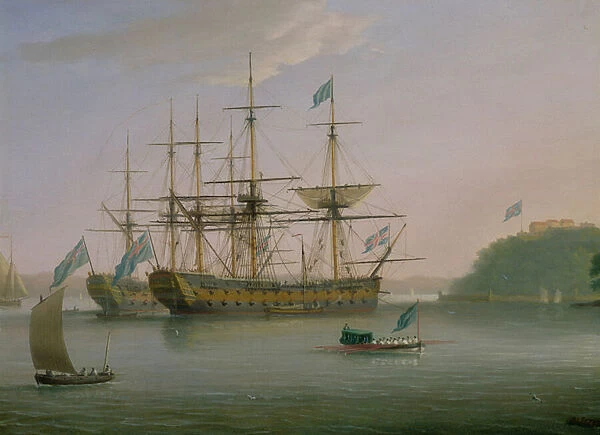Two British Men of War moored under Mount Edgecomb, Plymouth with the admiral