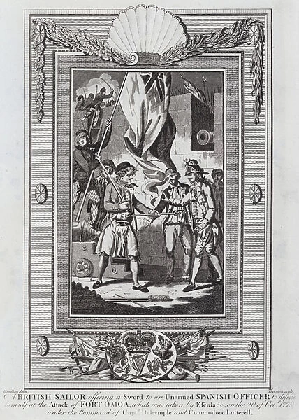 British sailor offering a sword to an unarmed Spanish officer to defend himself at the Battle of San Fernando de Omoa, Honduras, American Revolutionary War, 20 October 1779 (engraving)