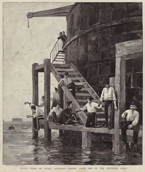 British soldiers fishing from one of the forts at Spithead, Hampshire (litho)