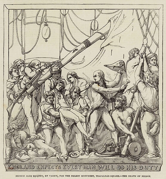 Bronze Alto Relievo, by Carew, for the Nelson Monument, Trafalgar-Square, the Death of Nelson (engraving)