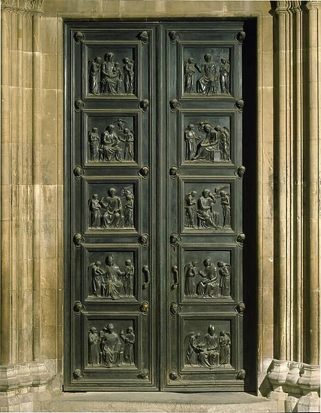 Bronze door decoree of low reliefs, 15th century