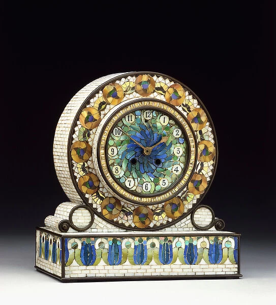 A bronze-mounted mosaic Favrile glass mantel clock, 20th century (bronze, mosaic