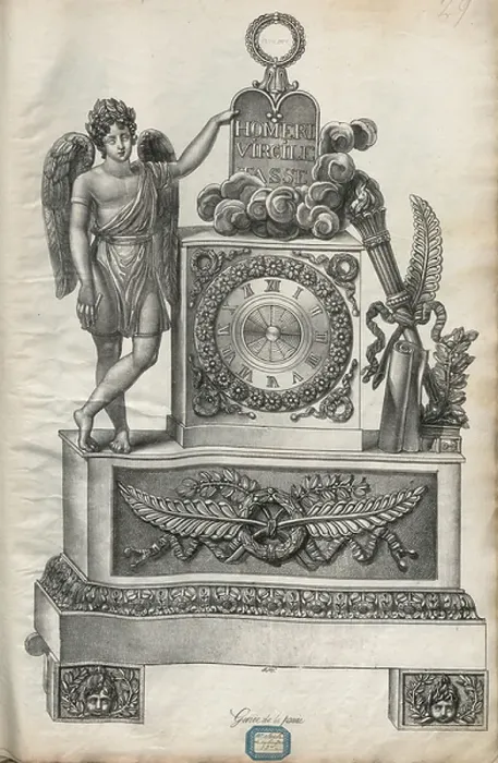 Framed Print : Bronze table clock on plinth base, statue of winged figure and stele with inscription, engraving, 19th century Framed Print : Bronze table clock on plinth base, statue of winged figure and stele with inscription, engraving, 19th century