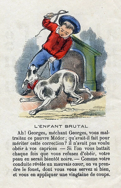 Brutal Child lashes a dog. Little boys alphabet. Abecedary has moral value containing reading exercises. Epinal imaging late 19th century