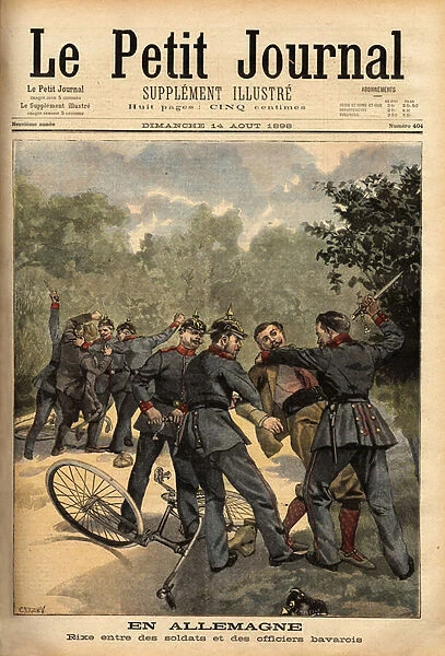 Brutal fight between soldiers and Bavarian officers in plain clothes, on a bicycle ride near Fuerth, Germany. Engraving in 'Le petit journal'14  /  8  /  1898. Selva Collection