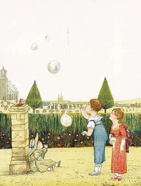 Bubbles - bulles de savon, des enfants jouent dans un jardin qui longe le cimetiere ou un enterrement a lieu - Extrait de Afternoon Tea : Rhymes for children - Livre de poemes pour enfants, Frederick Warne & Co, libraire-editeur, Londres