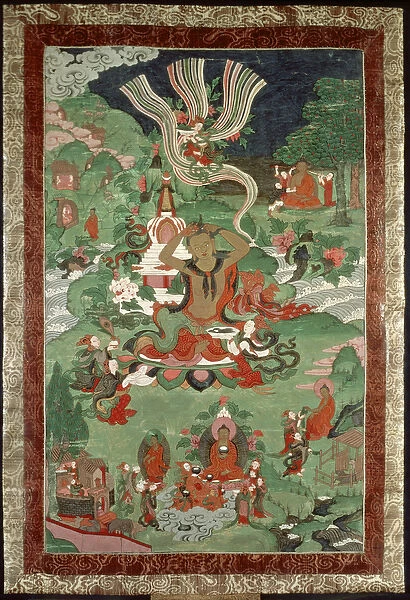 Buddha cutting a tuft of hair, Tibetan temple banner
