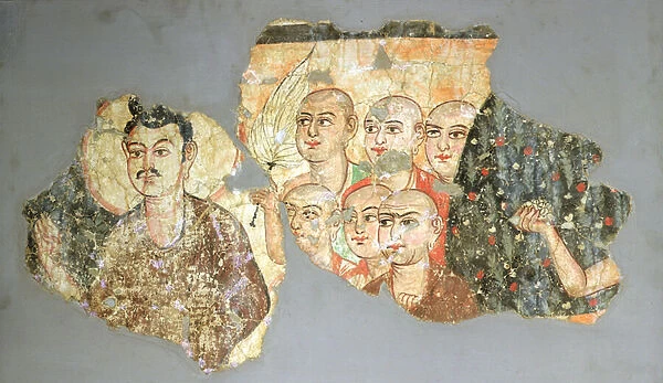 Buddha with his Six Disciples, from Miran, 3rd-4th century (wall painting) painting)