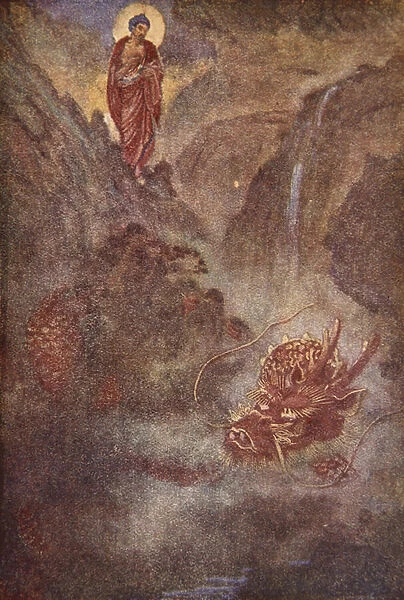 Buddha and the dragon, illustration from The Myths and Legends of Japan by F. Hadland Davis, 1918 (colour litho)