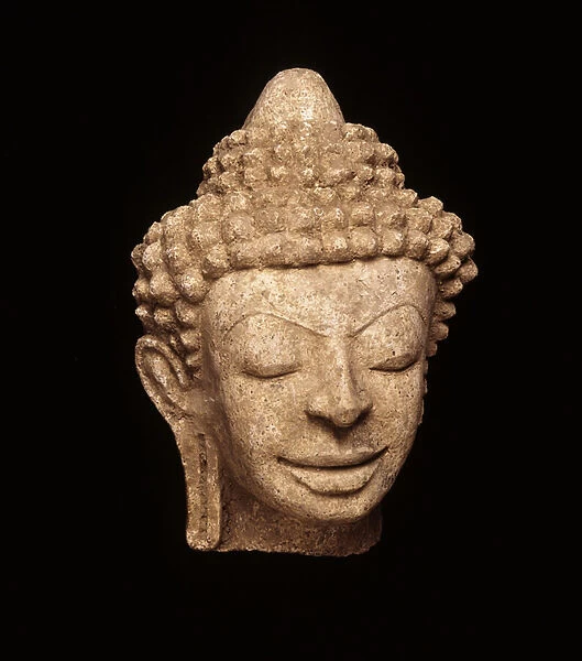 Buddha head, from Chedi Chula Pathom, Davaravati Period (stucco)