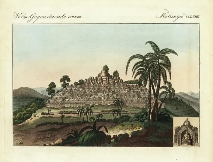Framed Print : Buddhist Temple of Borobudur, Java, Indonesia, circa 1820. Handcoloured copperplate engraving from Friedrich Johann Bertuch's Bilderbuch fur Kinder (Picture Book for Children), Weimar, 1823 Framed Print : Buddhist Temple of Borobudur, Java, Indonesia, circa 1820. Handcoloured copperplate engraving from Friedrich Johann Bertuch's Bilderbuch fur Kinder (Picture Book for Children), Weimar, 1823