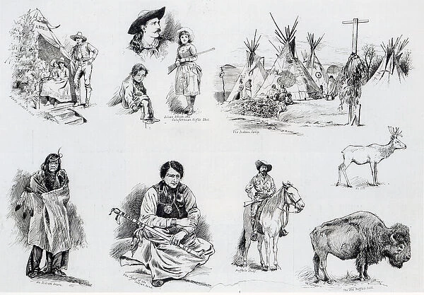 Buffalo Bills Wild West Show, 1887 (engraving) (b  /  w photo)