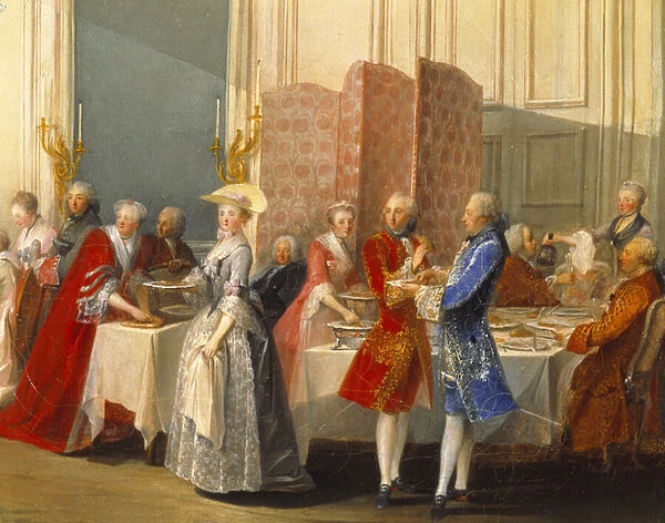 Buffet with guests next to a screen. Detail of 'Le The a l
