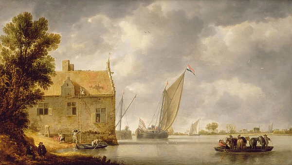 Builders Repairing a House by a River (oil on panel)