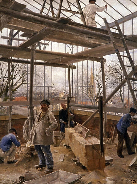 Building a glasshouse, 1890 (oil on canvas)
