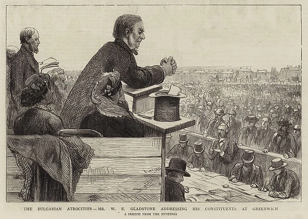 The Bulgarian Atrocities, Mr W E Gladstone addressing his Constituents at Greenwich (engraving)