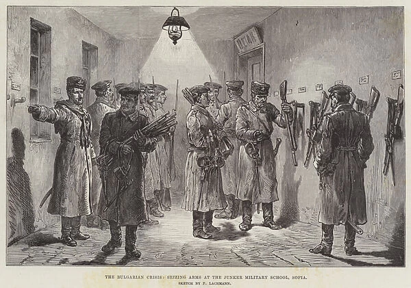 The Bulgarian Crisis, seizing Arms at the Junker Military School, Sofia (engraving)