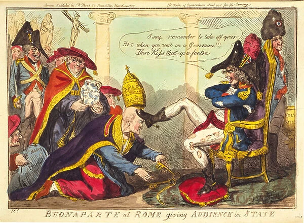 Buonaparte at Rome giving an Audience in State, pub. 1797 (hand coloured engraving)