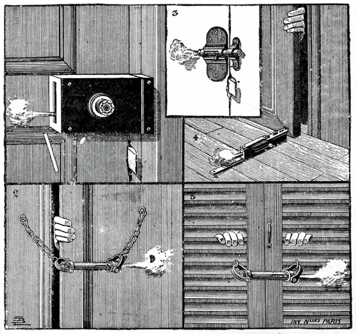 Framed Print : A burglar activating a basic home security locking system, 1850 Framed Print : A burglar activating a basic home security locking system, 1850