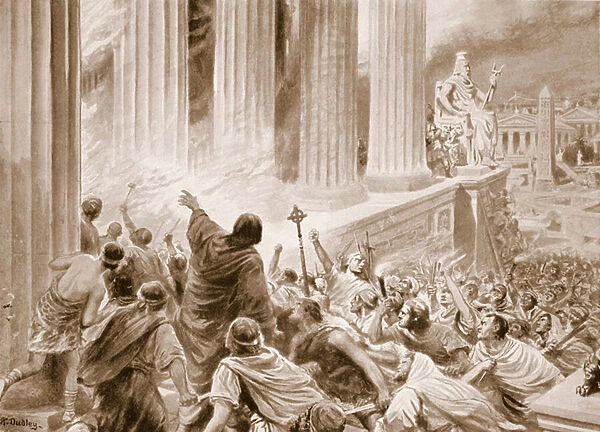 The Burning of the Library at Alexandria in 391 AD, illustration from Hutchinsons History of the Nations, c. 1910 (litho)