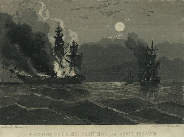 Burning of U. S. Merchantman by Rebel Pirates, 1865 (engraving)