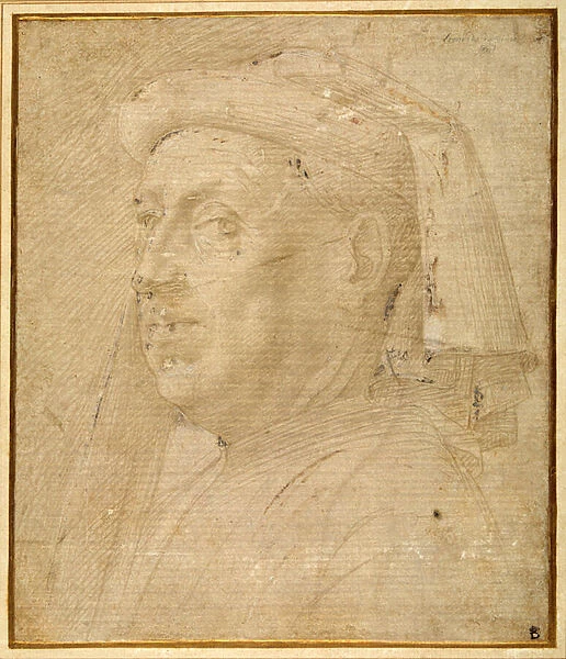 Bust of a man wearing a chaperon (metalpoint heightened with white on paper)
