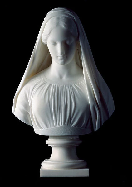 Bust of Virgin Marble sculpture by Emilio Santarelli (1801-1886), approximately 1861. from the collection of Prince Odon di Savoia. Dim. 38x22x12 cm Genes, modern art gallery, inv. 402