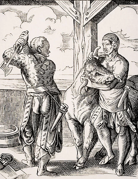 The Butcher and his Assistant, reproduction of a 16th century engraving by Jost Amman (1539-91) from Le Moyen Age et La Renaissance by Paul Lacroix (1806-84) published 1847 (litho)