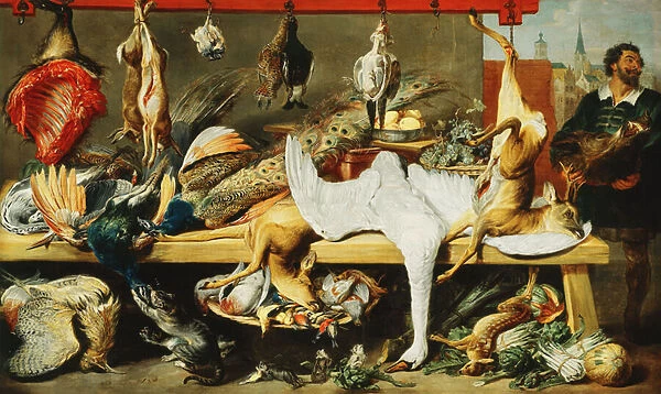 A Butchers Stall with Cats and Kittens playing and a Butcher holding a Boar